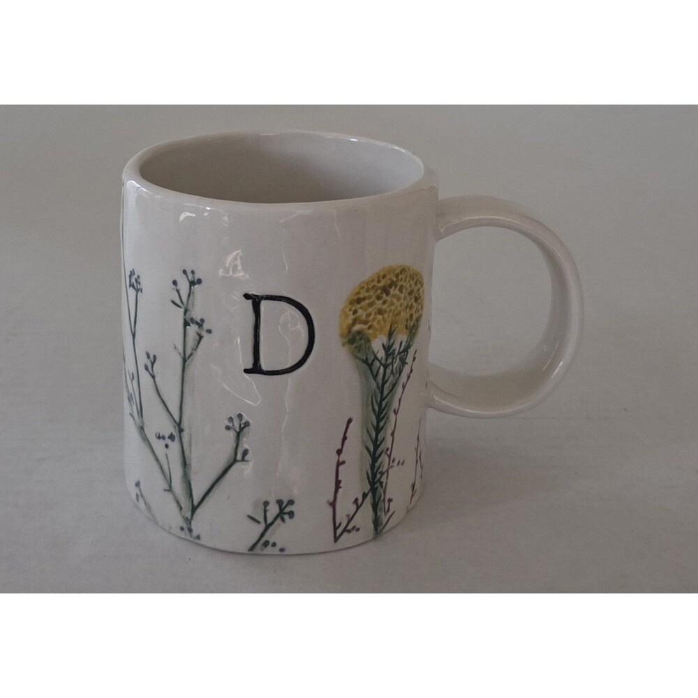 Anthropologie Dagny Monogram Mug Letter D Floral Botanical Stoneware 14.5 oz